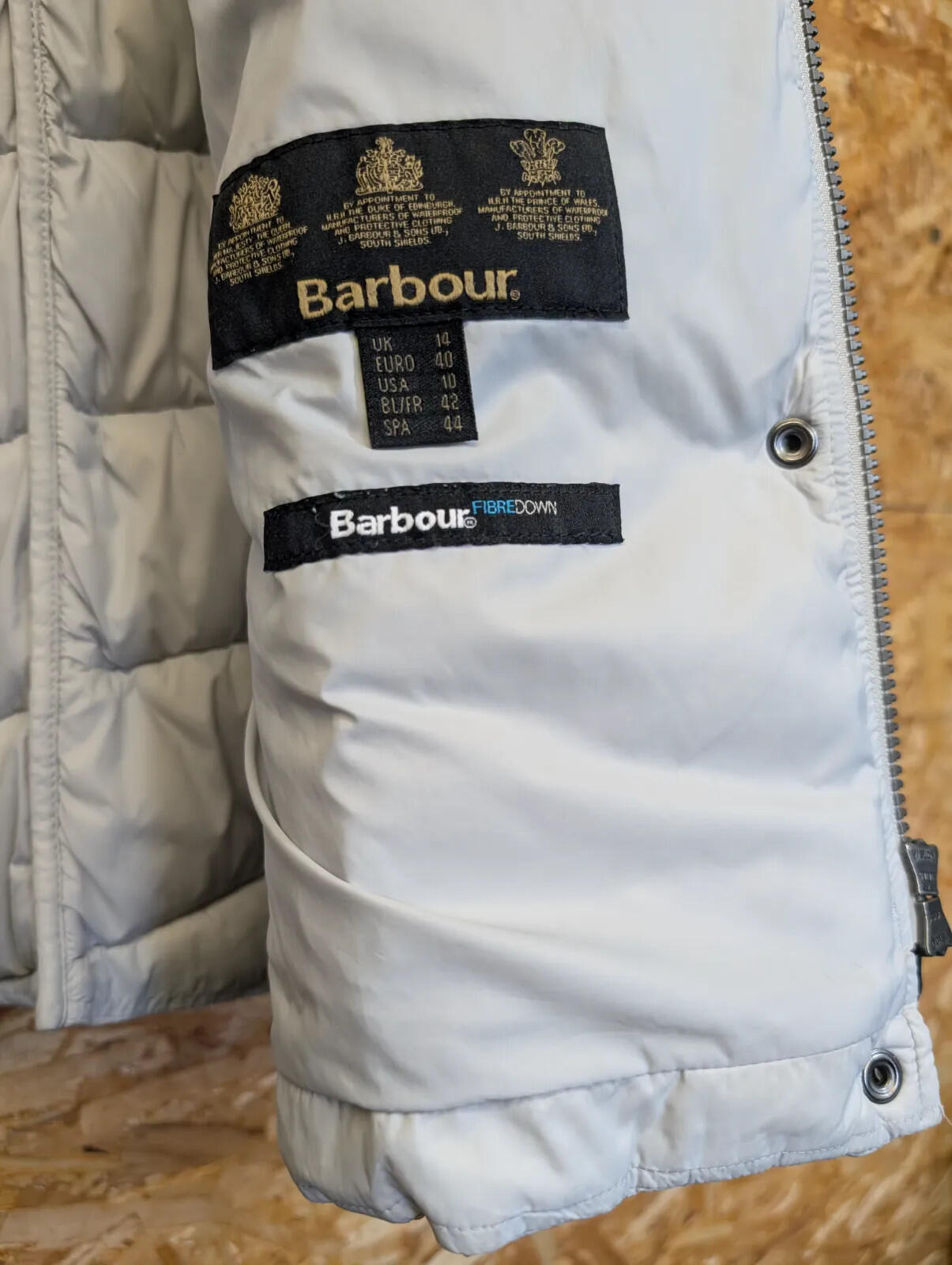 Barbour Hayle Quilt Jacket Womens UK 14 Light Cream Grey Puffer Fibre Down