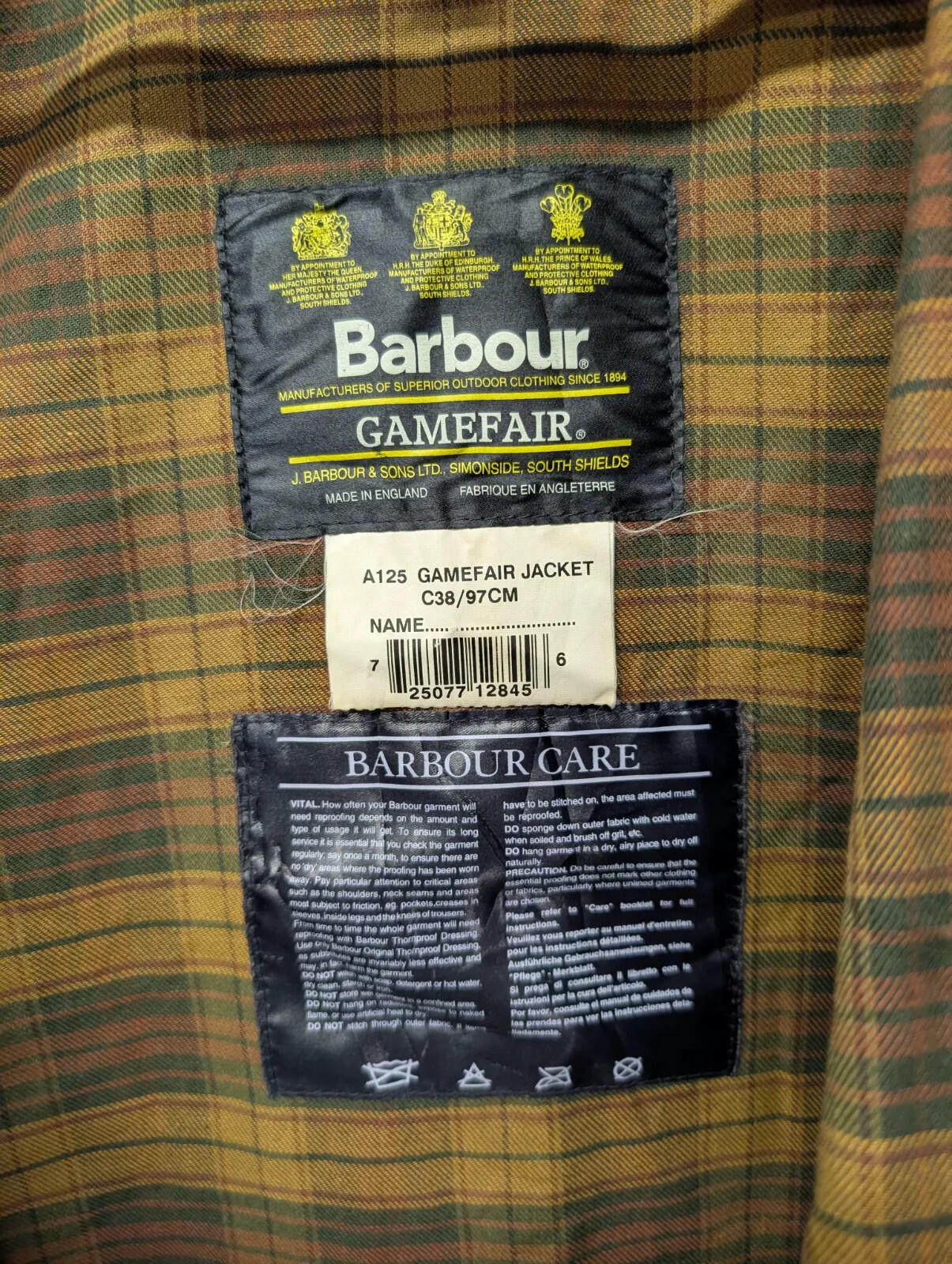 Vintage 1996 Barbour Gamefair Wax Jacket Mens Small C38 Rustic Brown A125 90s