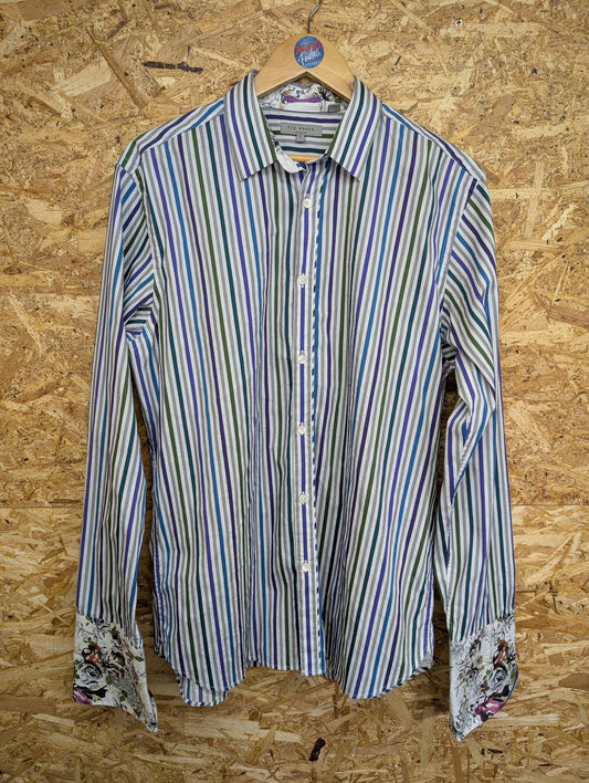 Ted Baker Shirt Mens Size 4 Large London Striped Long Sleeve French Floral Cuffs