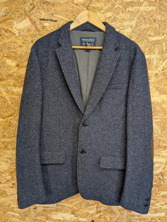 Woolrich Tweed Blazer Large Men Wool Blue 2 Button Cotton Lined Navy Elbow Patch