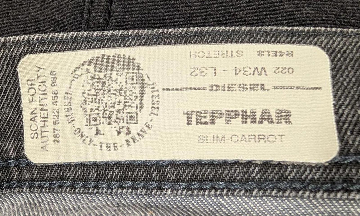 Diesel Tepphar Jeans W34 L32 Men Grey Black Stretch Denim Slim Carrot Button Fly