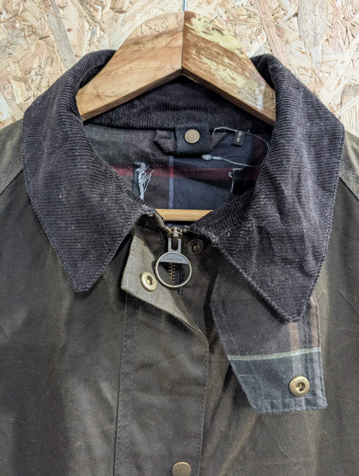 Barbour Acorn Wax Jacket Womens UK20 Olive Waxed Cotton Corduroy Collar Tartan