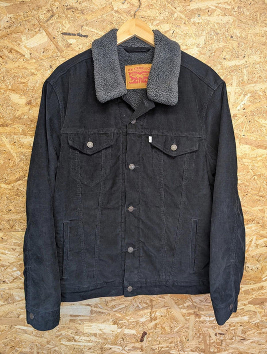 Levis Sherpa Trucker Jacket XL Men Corduroy Black Grey Fleece Lined Borg