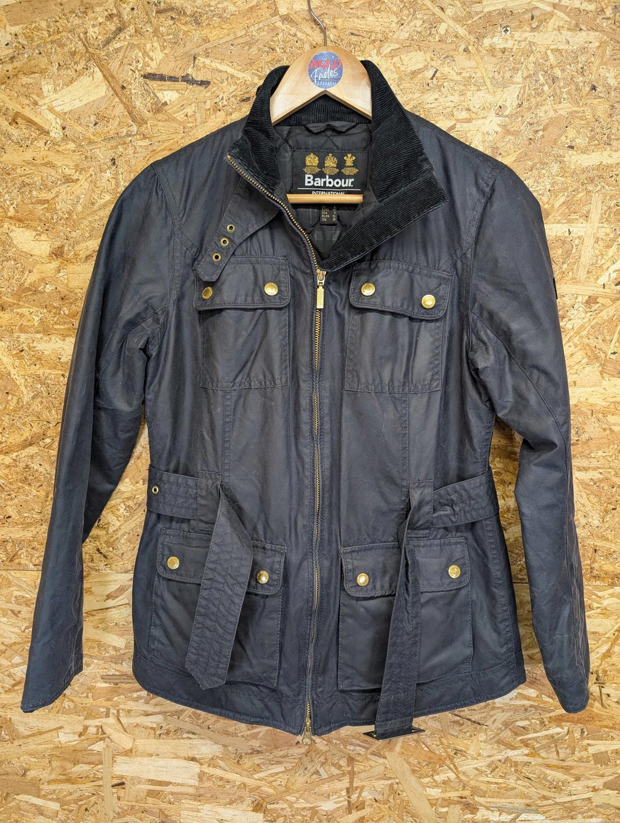 Barbour International Heyford Wax Jacket UK 8 Women Navy Blue Quilted Lined Belt