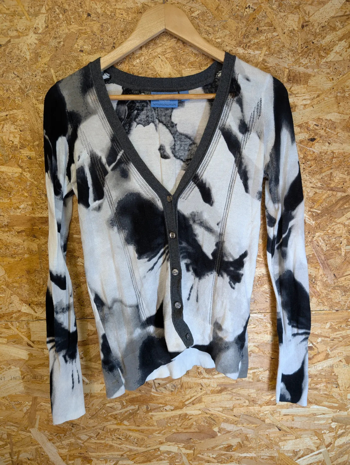 Simply Vera Wang Cardigan Womens XS Black White V-Neck Knitted Abstract Tie-Dye
