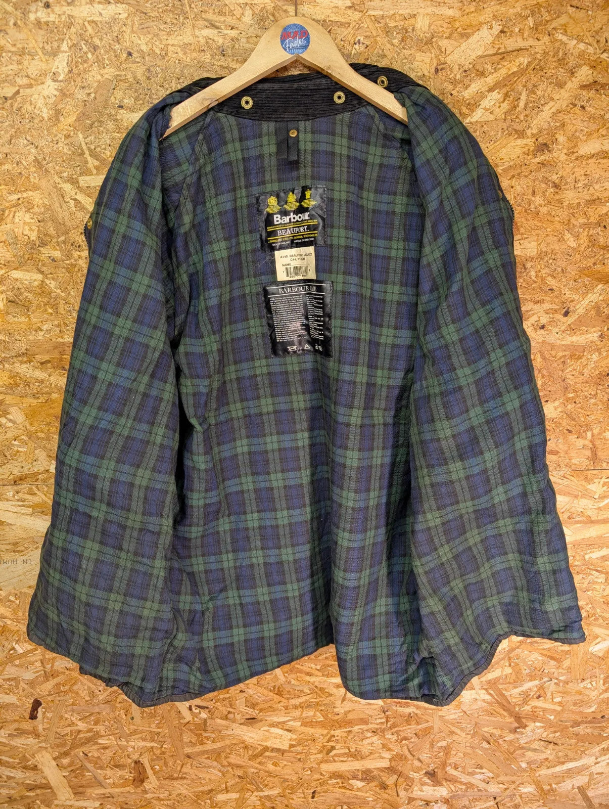 Vintage 90s Barbour A145 Beaufort Wax Jacket XL C44 112cm Black Cotton Checked