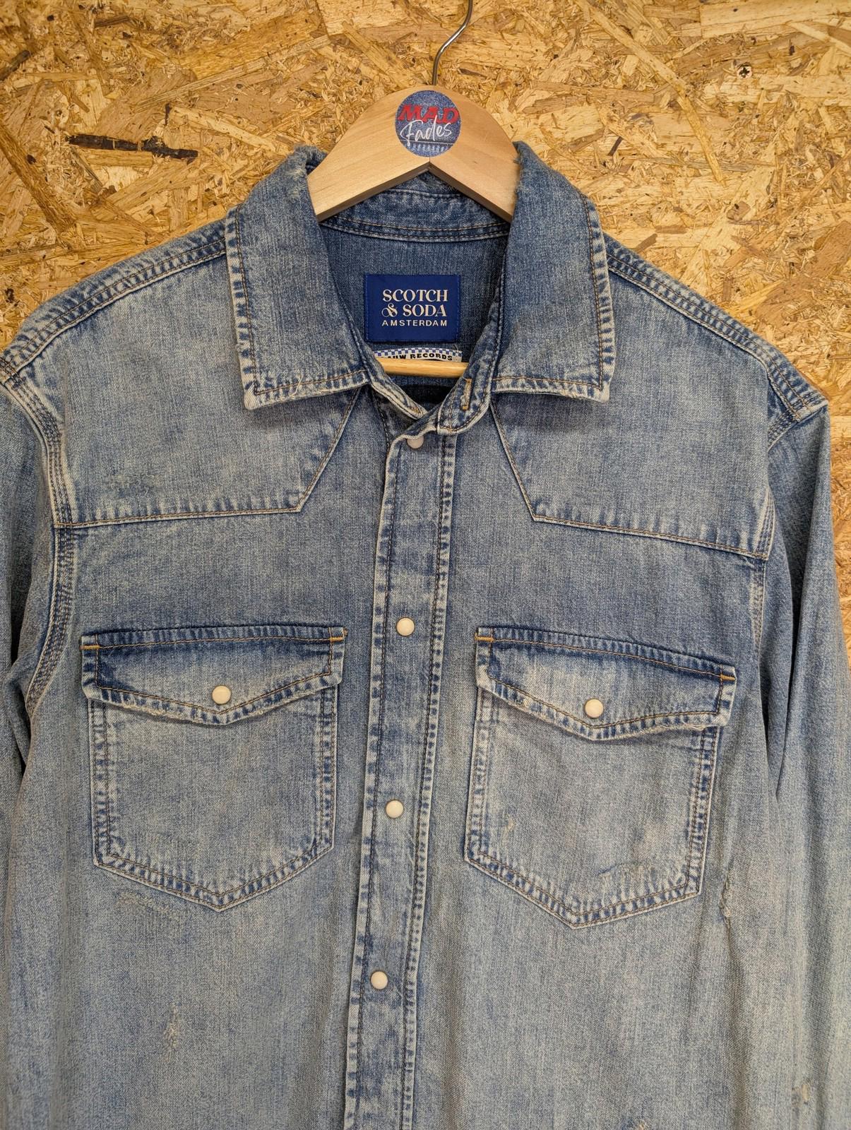 Scotch & Soda Denim Shirt Large Men Pearl Snap Aztec Embroidered Cuffs Blue