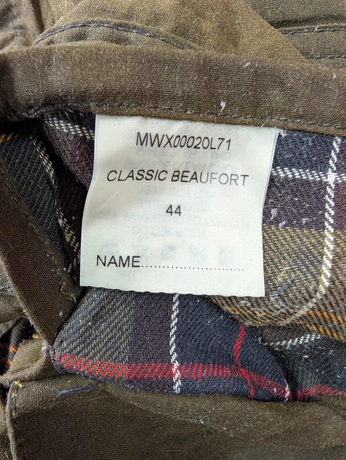 Barbour Classic Beaufort Wax Jacket Mens Large C44 Olive Green Cotton Tartan