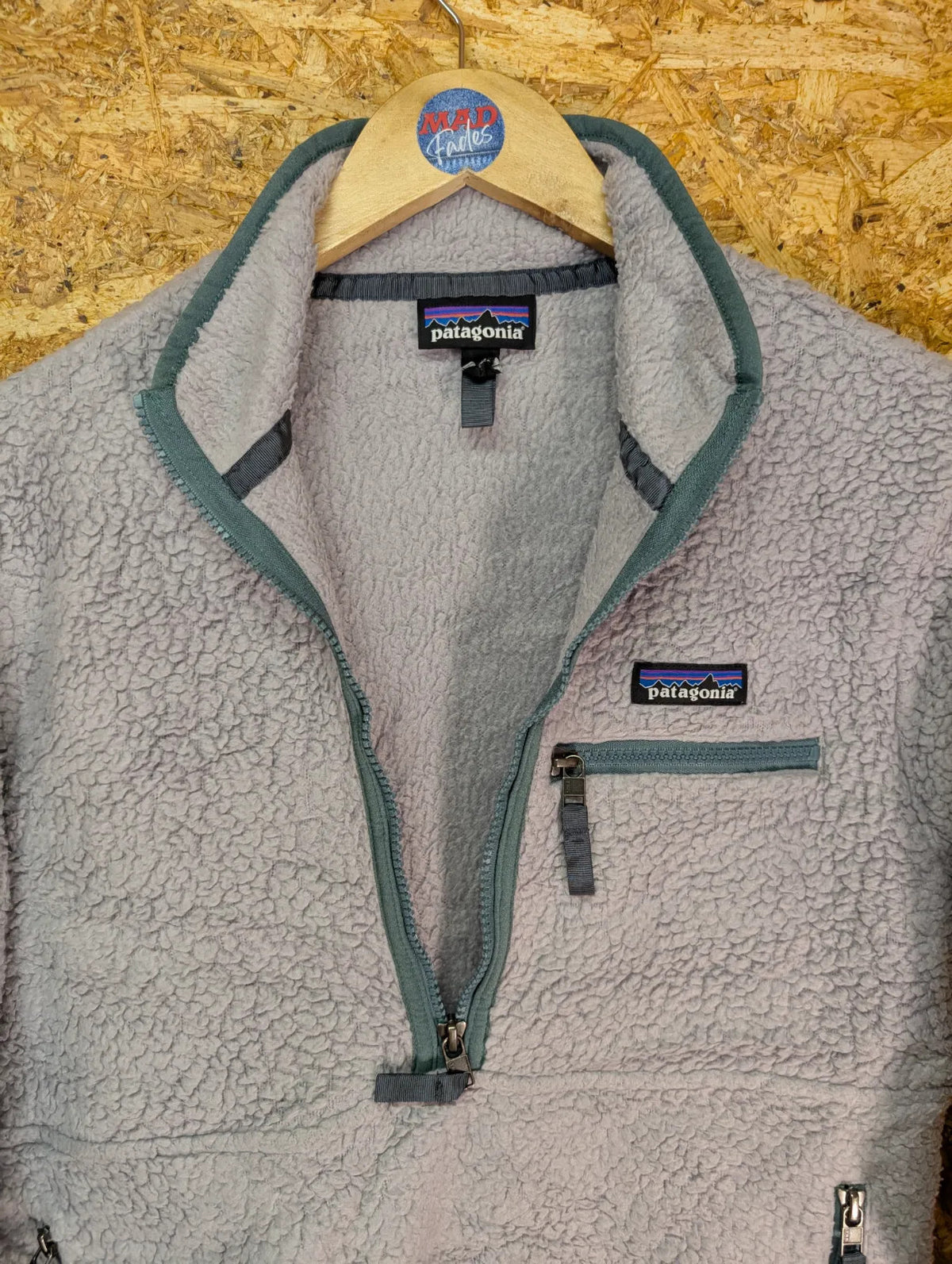 Patagonia Deep Pile Fleece Top Womens Small Grey Green Zip Pockets Retro 1/2 Zip
