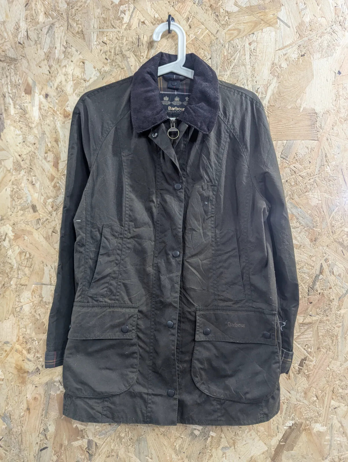 Barbour Beadnell Wax Jacket Womens UK12 Green Cotton Tartan Lined Cord Collar