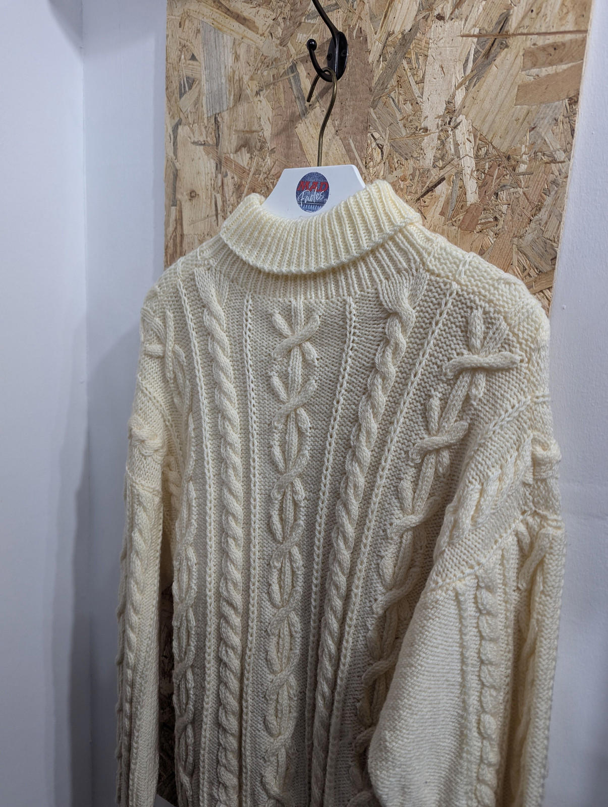 Mens Large Handmade Turtleneck Cable Knit Jumper Cozy Sweater White