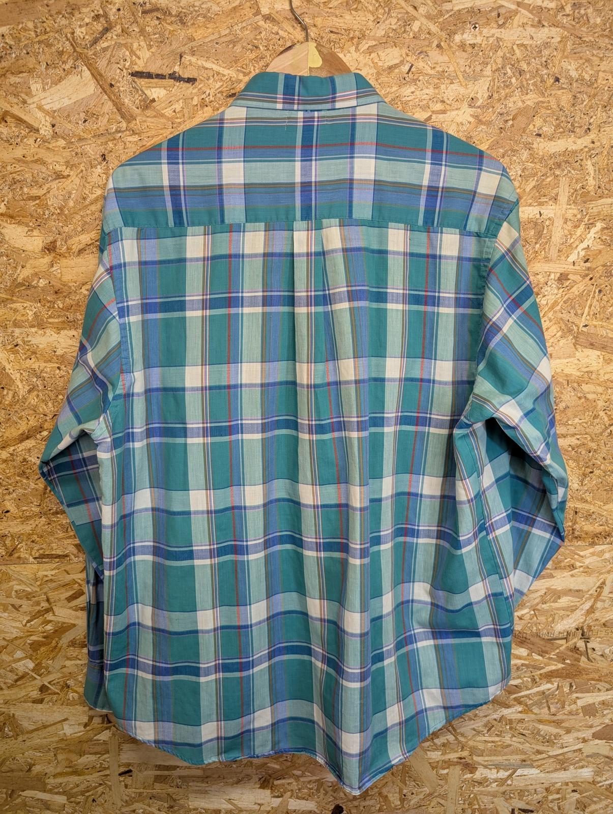 Lacoste Chemise XL Shirt Vintage 80s Long Sleeve Green Blue Check 17.5" Collar