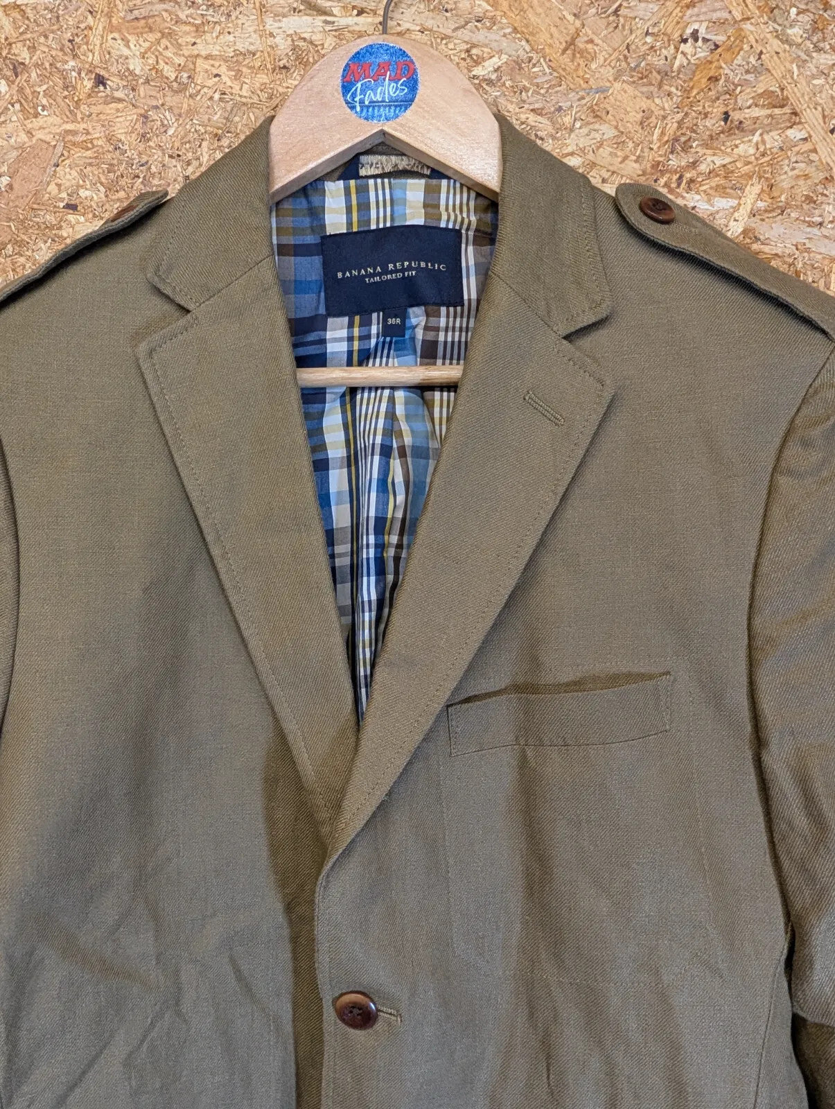 Banana Republic Blazer Mens 36 Small Khaki Olive Flax Linen Check Tailored Fit