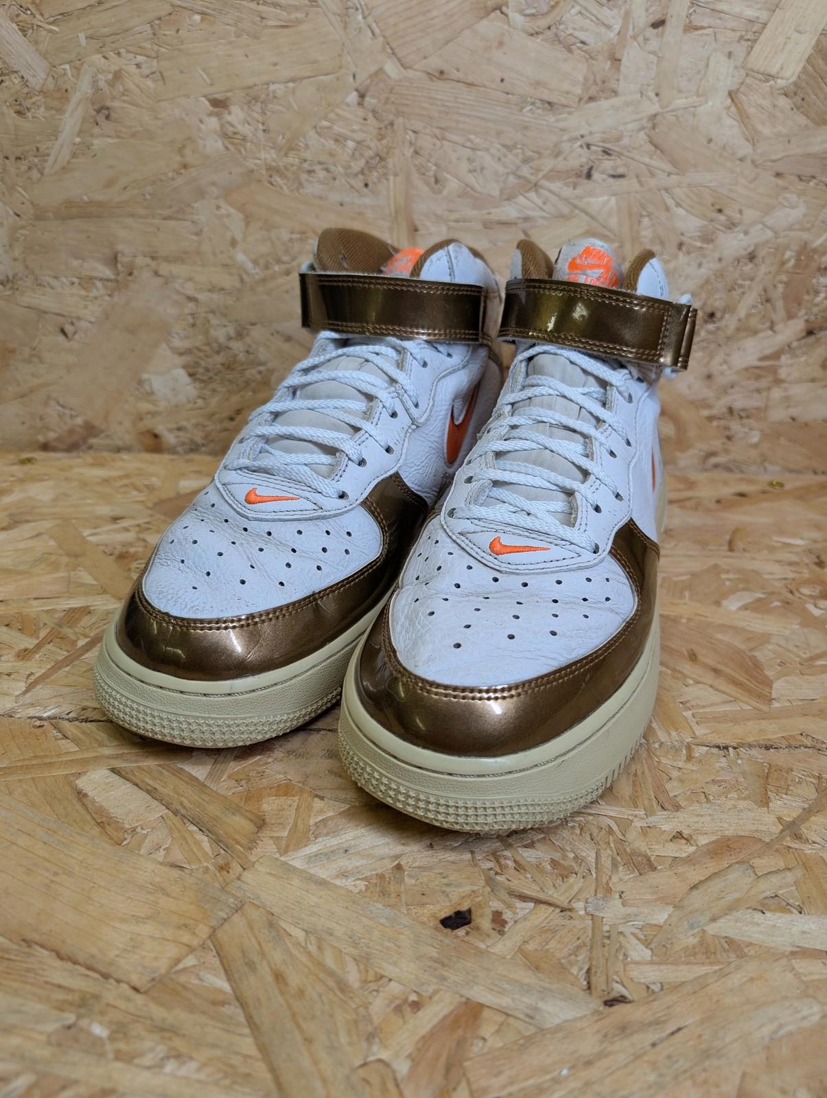 Nike Air Force 1 UK 9 Mid QS White Total Orange Ale Brown Trainers Gold White