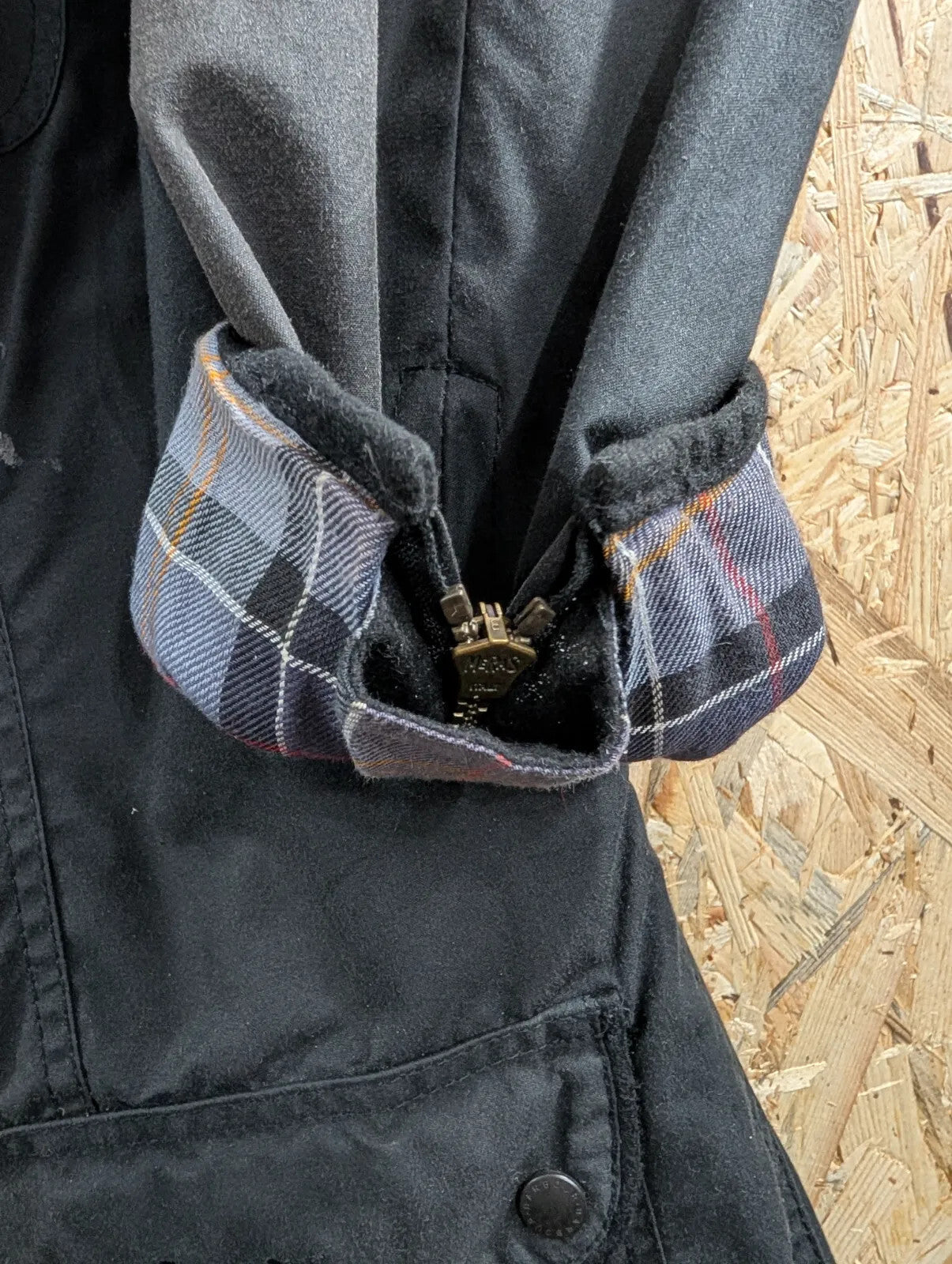 Barbour Utility Jacket Womens UK16 Black Waxed Cotton Plaid Waterproof Pockets