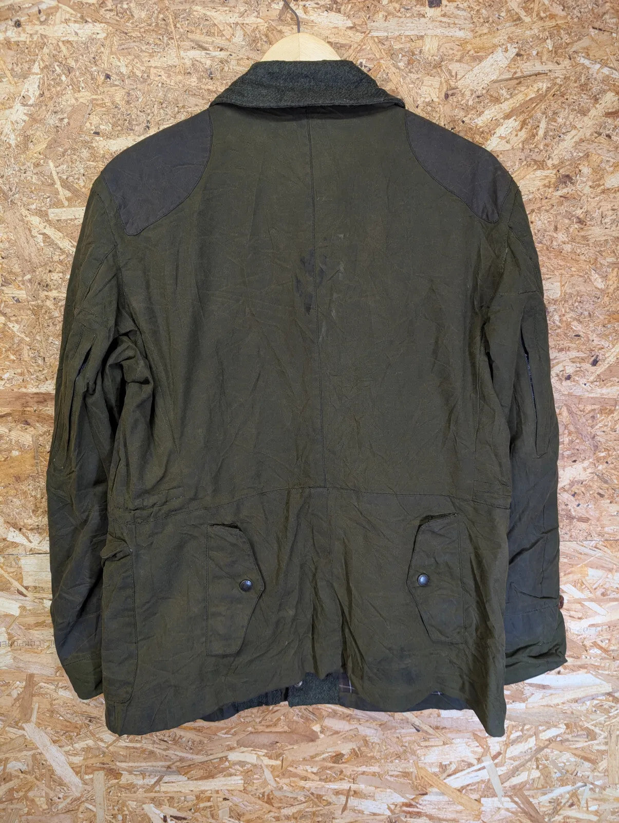 Barbour Hidcote Wax Jacket Mens Large Olive Green Cotton Tartan Tweed Wool