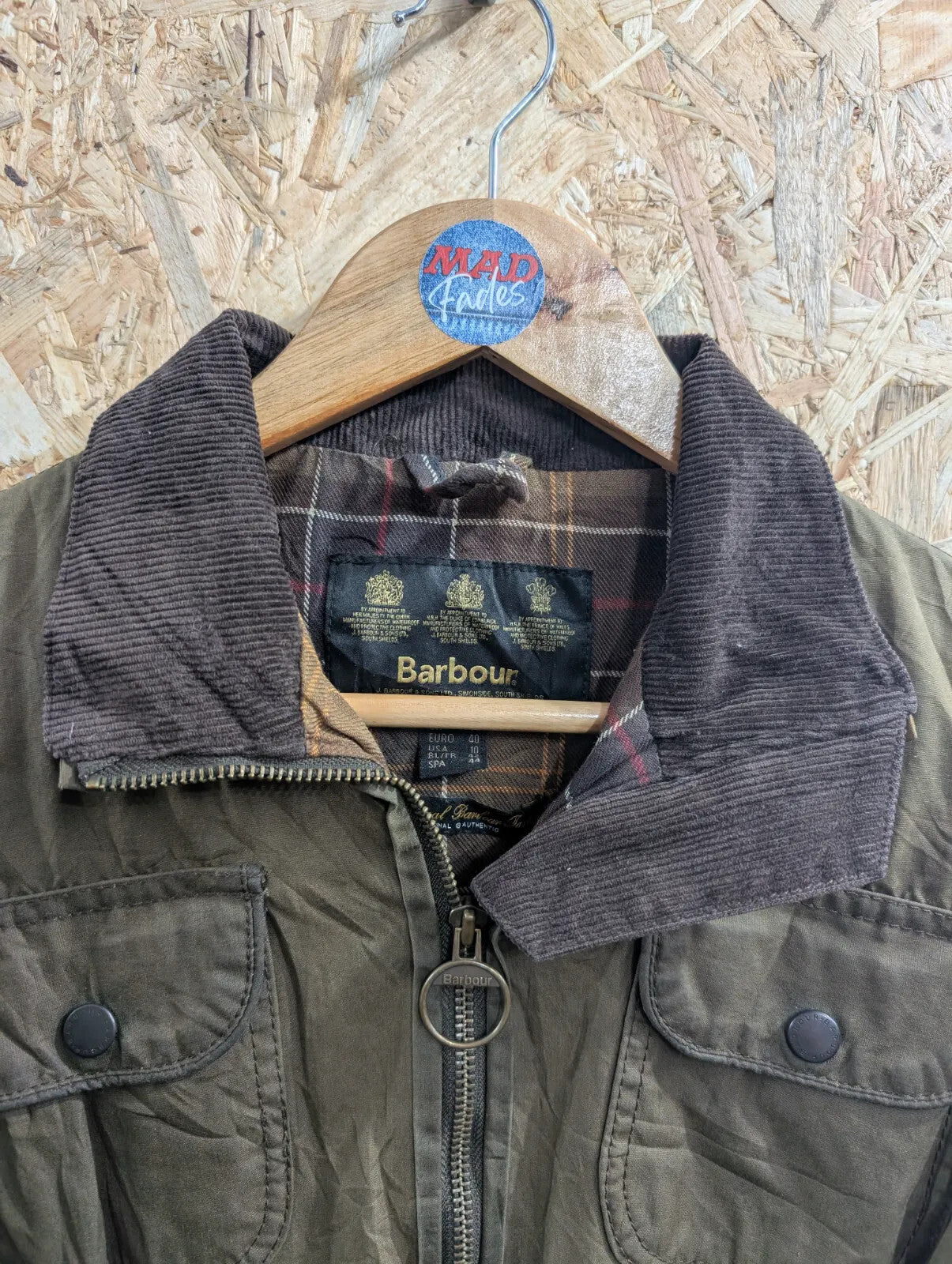 Barbour Waxed Jacket Womens UK14 Olive Green Waxed Cotton Tartan Utility Padded
