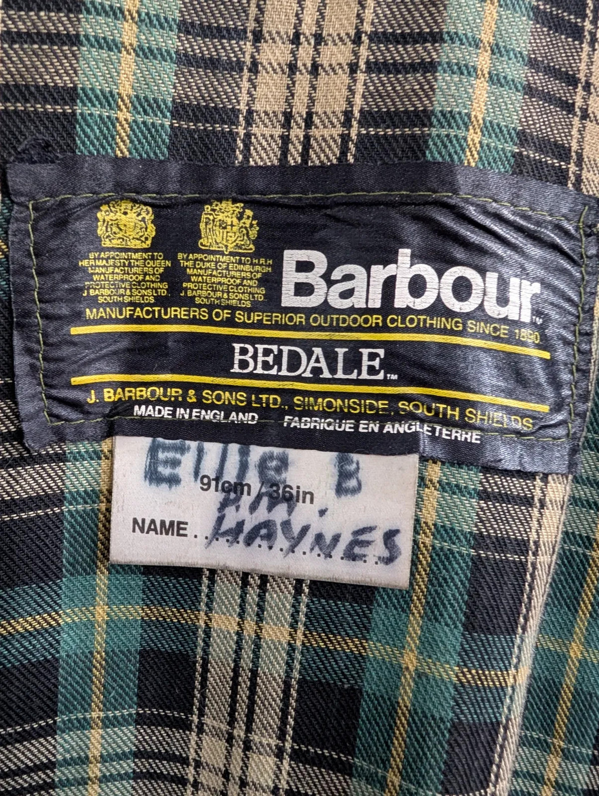 Vintage 80s Barbour Bedale Jacket Men Small C36 Green 2 Royal Crest Warrants YKK