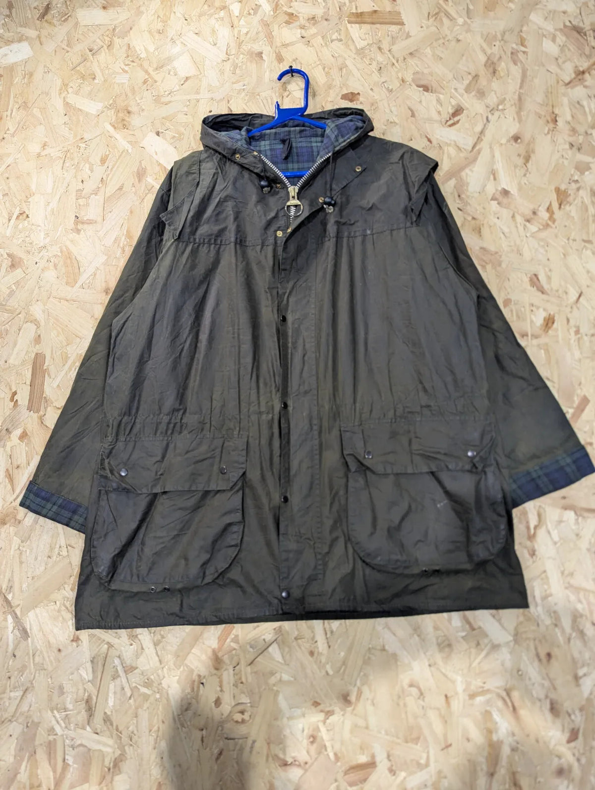 Vintage Barbour Durham Wax Jacket Mens C40 Medium A5 Black Navy Blue Tartan 90s