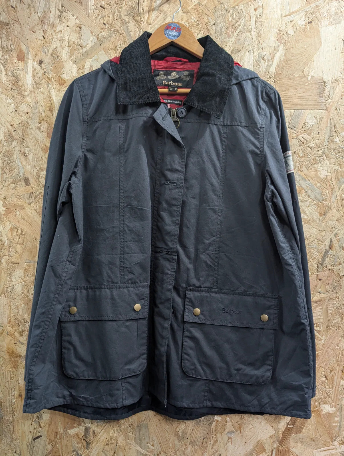 Barbour Shore Waxed Jacket Womens UK16 Navy Blue Hooded Country Parka Lined