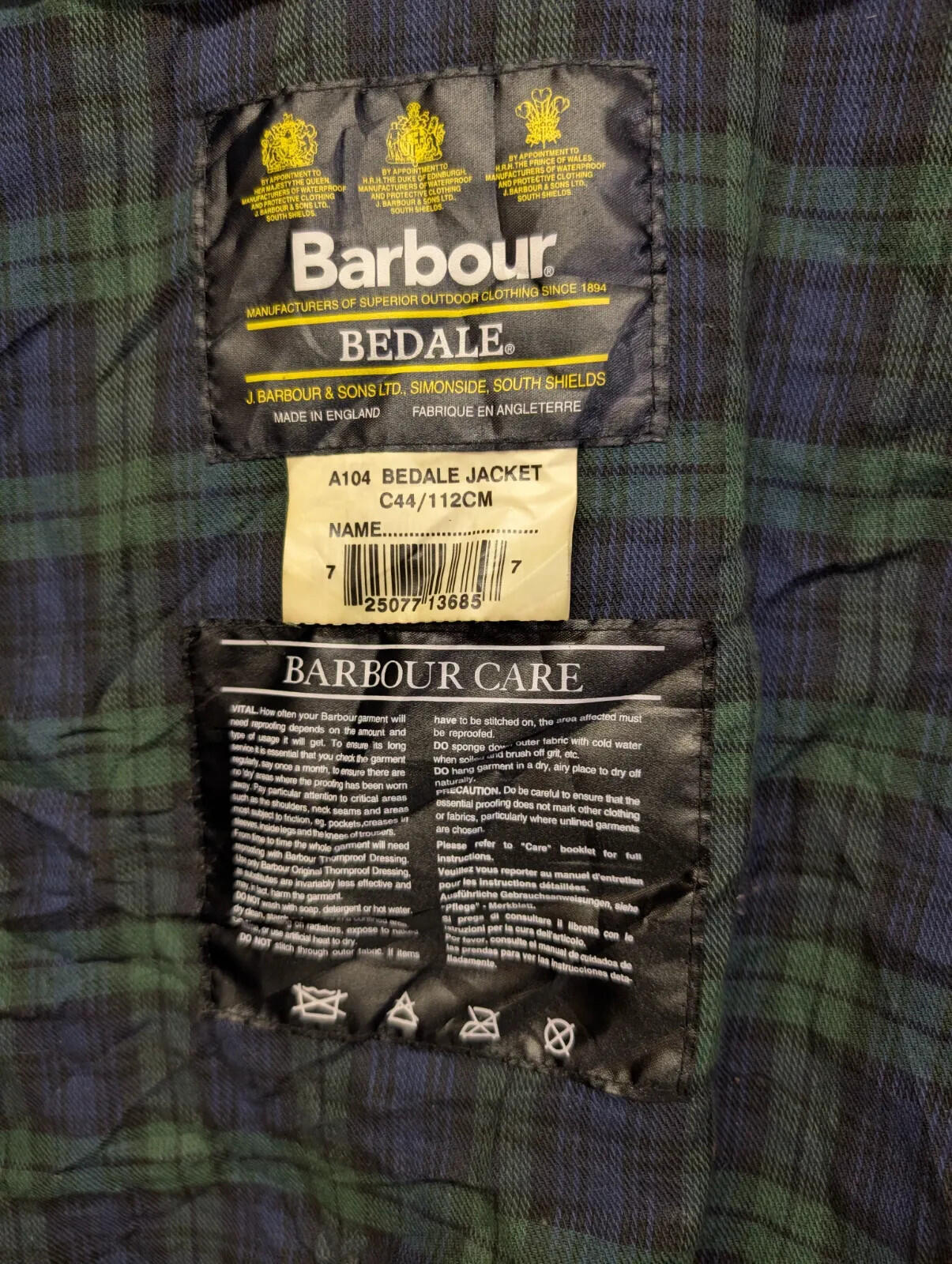 Vintage Barbour Bedale Wax A104 Jacket Mens XL C44 Black Unused 90s Deadstock