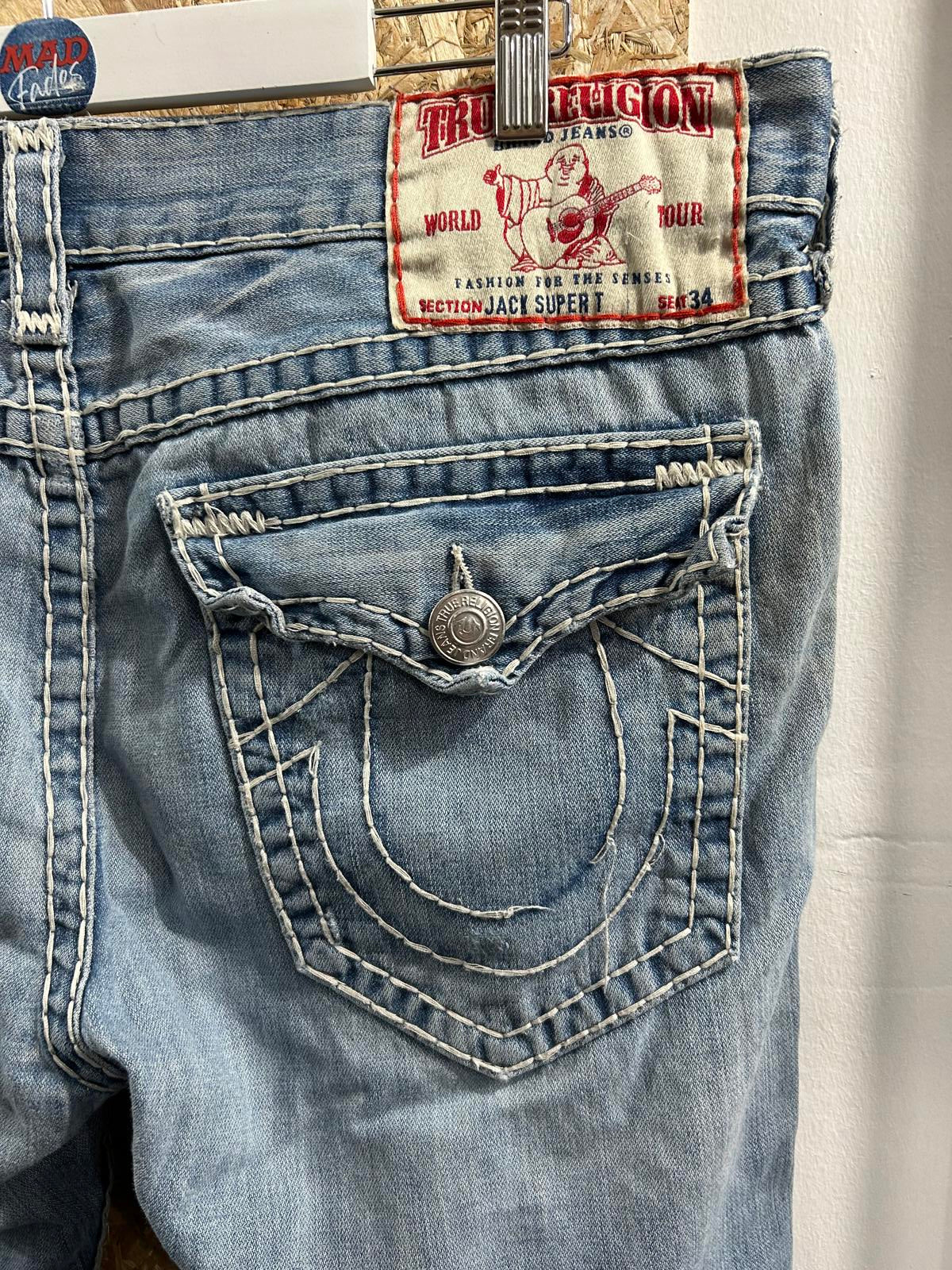 True Religion Jack Jeans W40 L31 USA Made Stonewash Blue Distress Vintage 90s