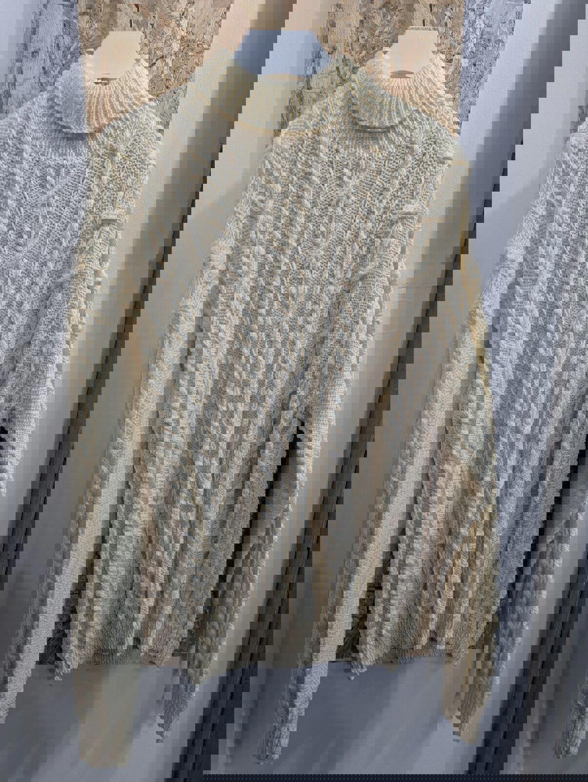 Mens Large Handmade Turtleneck Cable Knit Jumper Cozy Sweater White