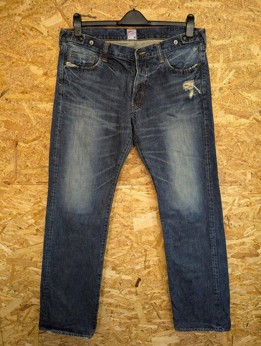 PRPS Jeans Mens W36 Straight Leg Distressed Button Fly Blue Denim Made In Japan