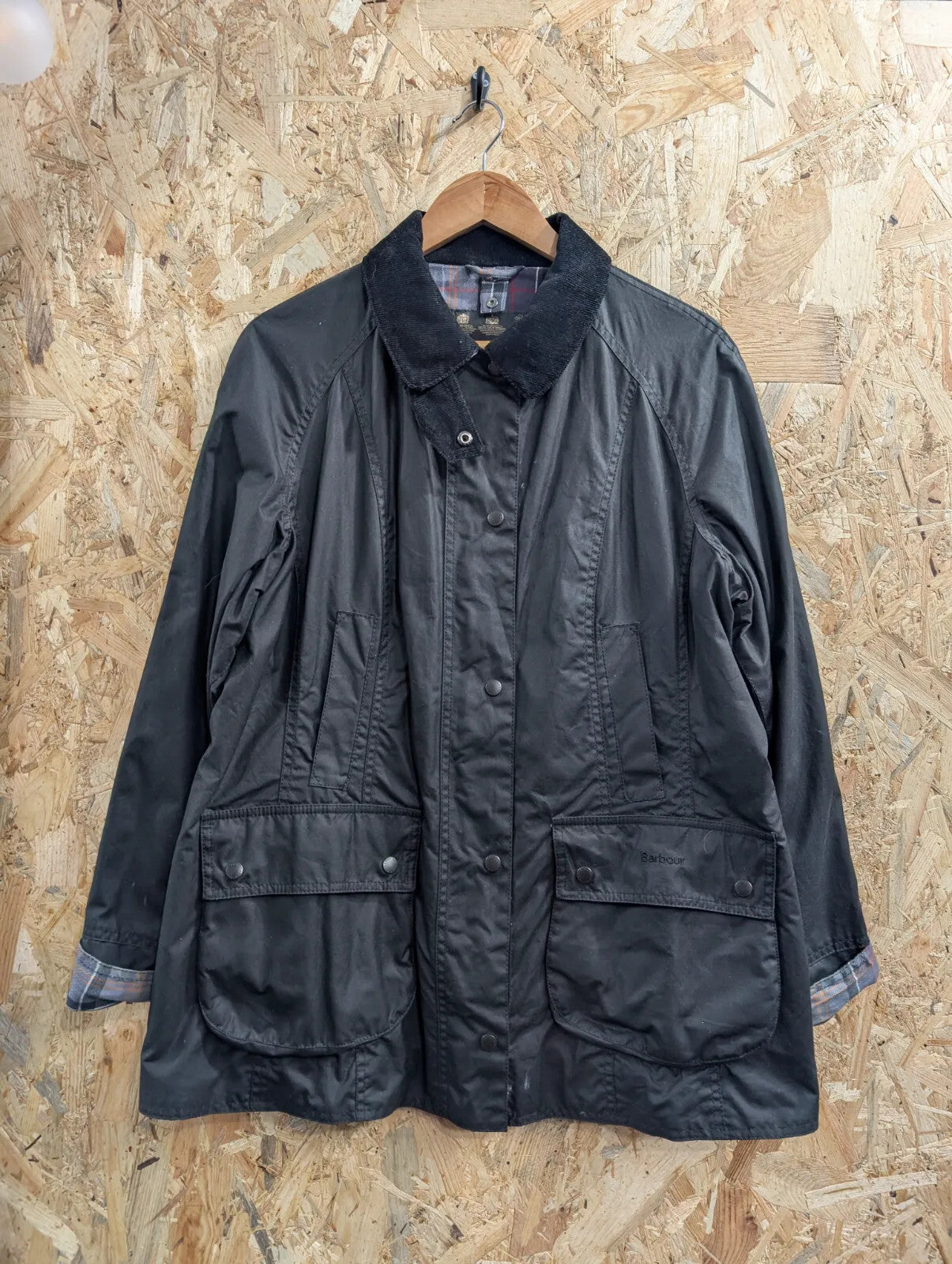 Barbour Beadnell Wax Jacket Womens UK16 Black Cotton Plaid Tartan Cord Chinstrap