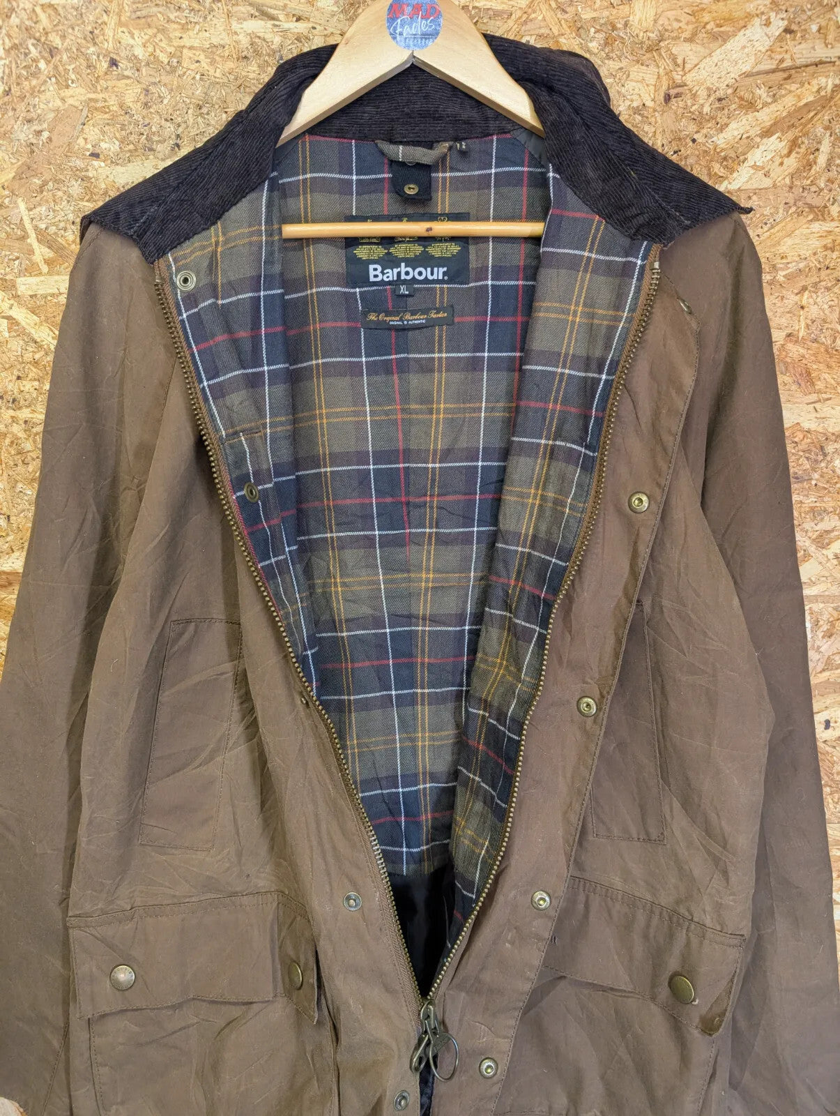 Barbour Ashby Wax Jacket XL Bark Khaki Rustic Brown England Tartan Cord Collar