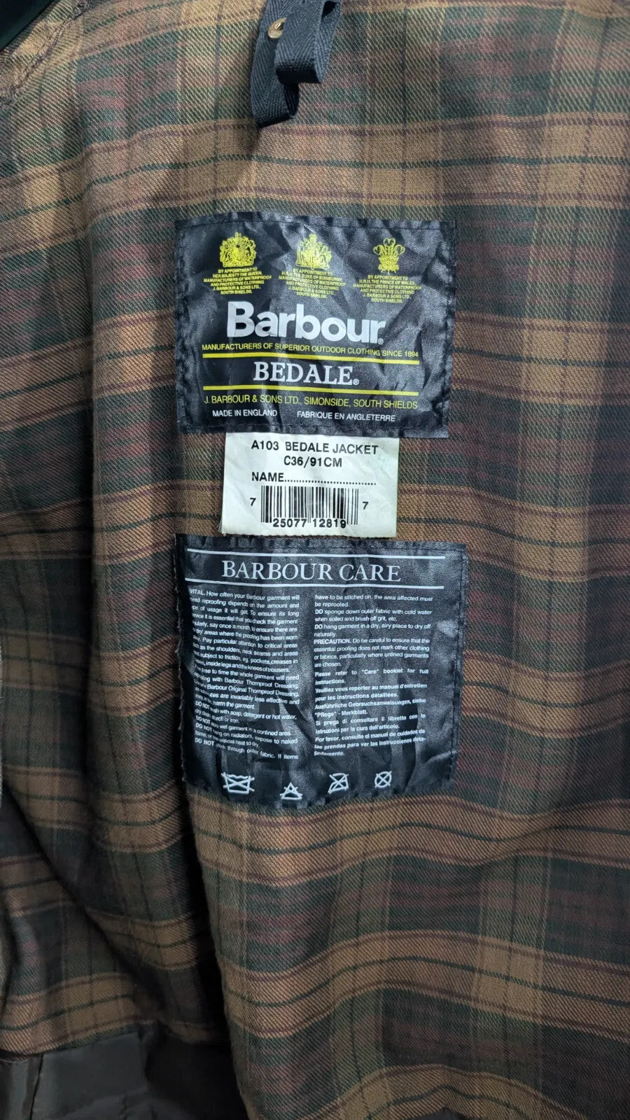 Barbour Bedale Wax Jacket Men Small C36 Rustic Brown Plaid Check Corduroy Collar