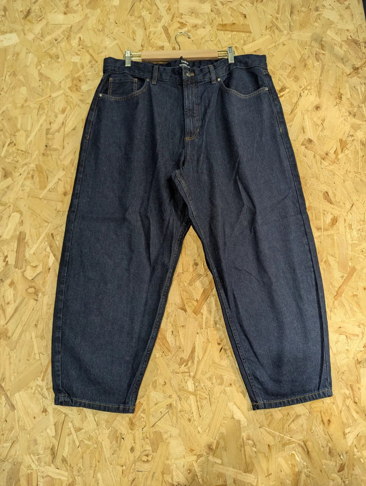 M&S Barrel Fit Jeans Mens W36 L29 Dark Blue Wash Denim Five Pocket Marks Baggy