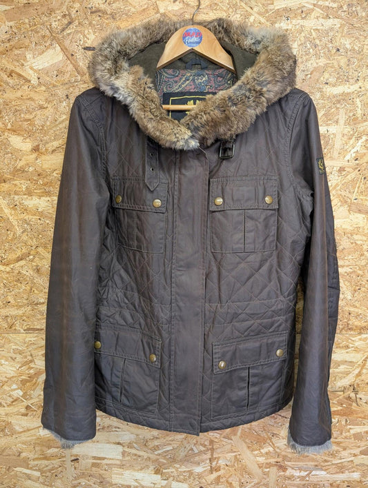 Belstaff Gold wax Jacket Size 12 Women 44 Quilted Brown Fur Trim Hood Biker