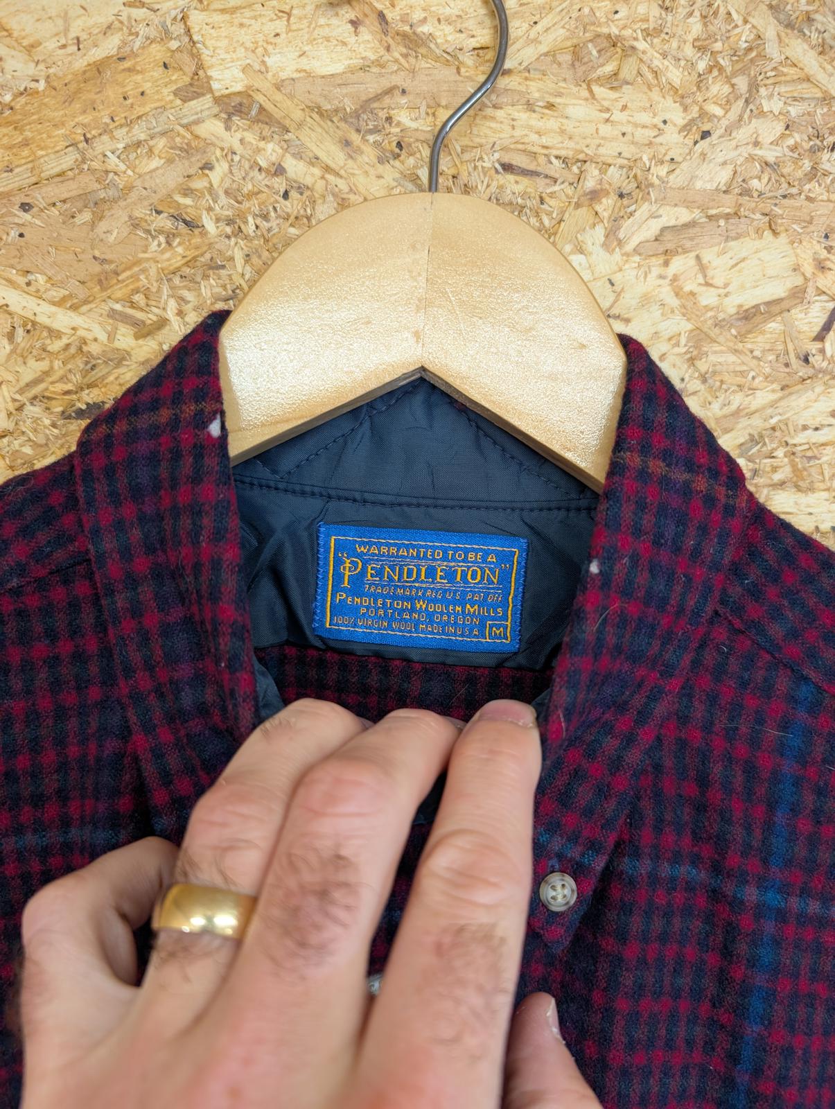 Pendleton Fireside Shirt Mens Medium Burgundy Blue Check Plaid Wool Made In USA