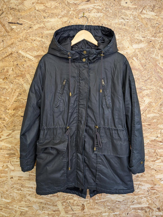 Whistles Waxed Parka Size Large Jacket Black Fleece Lined Cotton Coat