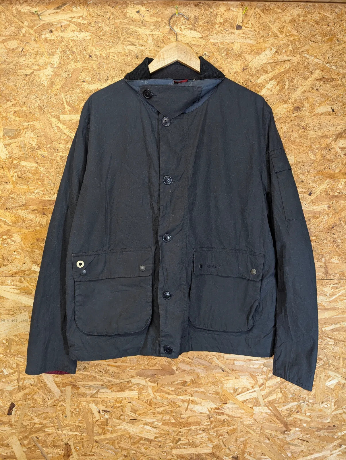 Barbour Deck Wax Jacket Mens XL Navy Blue Cotton Cord Collar Chin Strap South