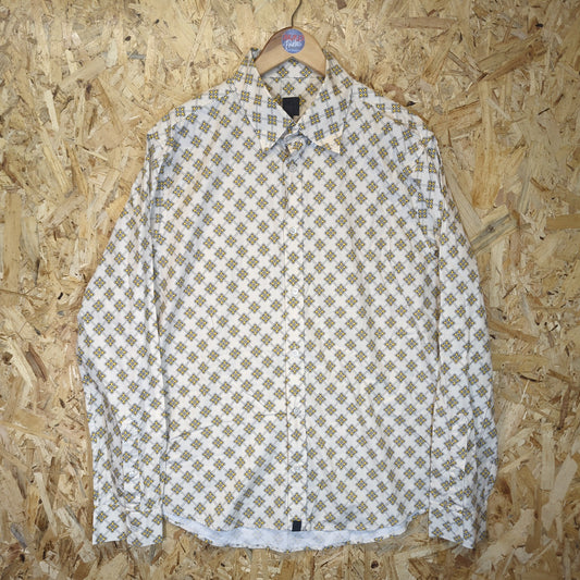 Pretty Green Black Label Floral Cotton Shirt Long Sleeve Cream Yellow Mens 2XL