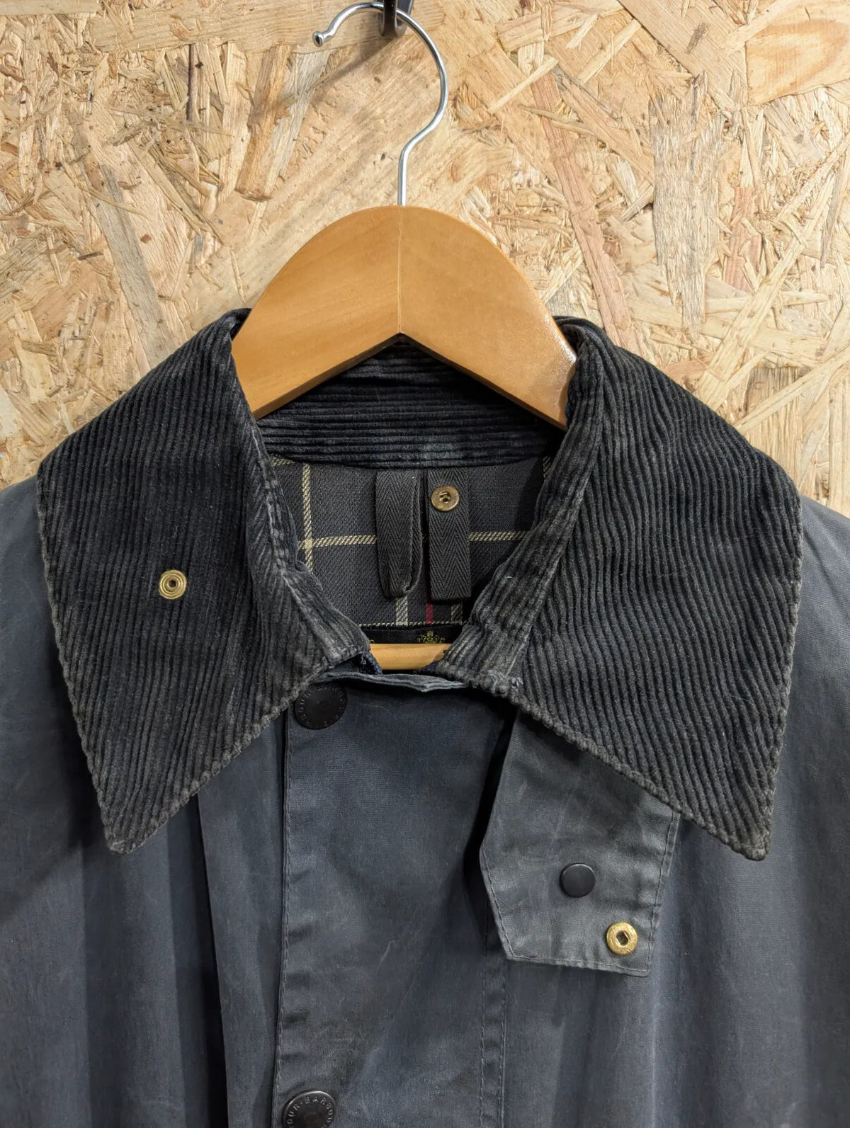 Barbour Border Wax Coat Men Small C36 91cm Navy Cotton Tartan Lining Cord Collar