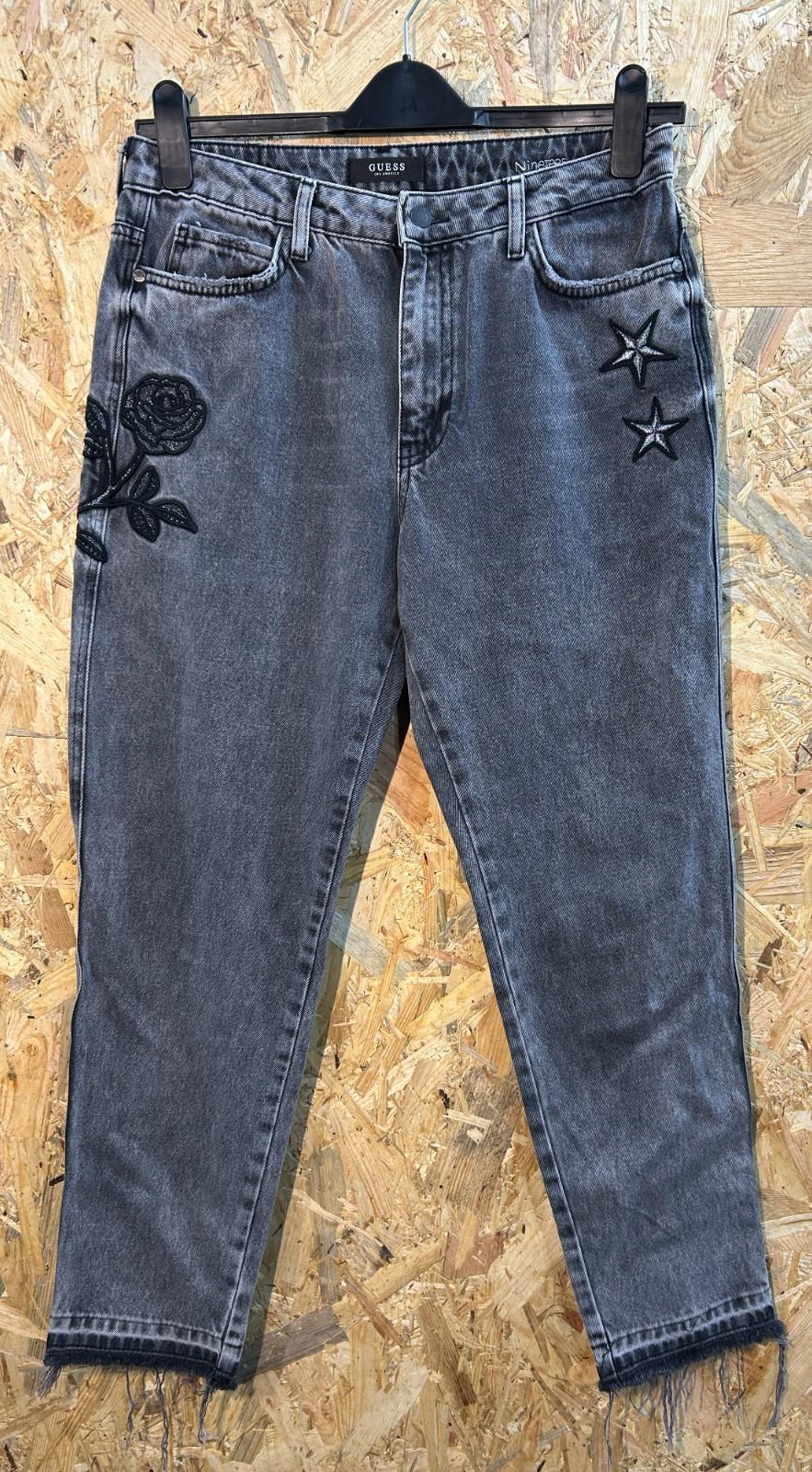 Guess 90s Jeans W30 L29 12 High Rise Flower Embroidered Black Distressed