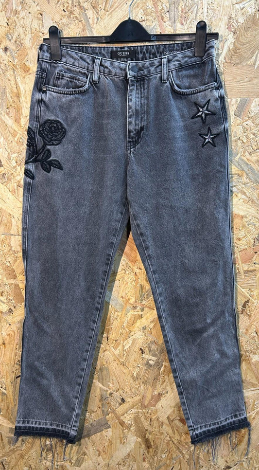 Guess 90s Jeans W30 L29 12 High Rise Flower Embroidered Black Distressed
