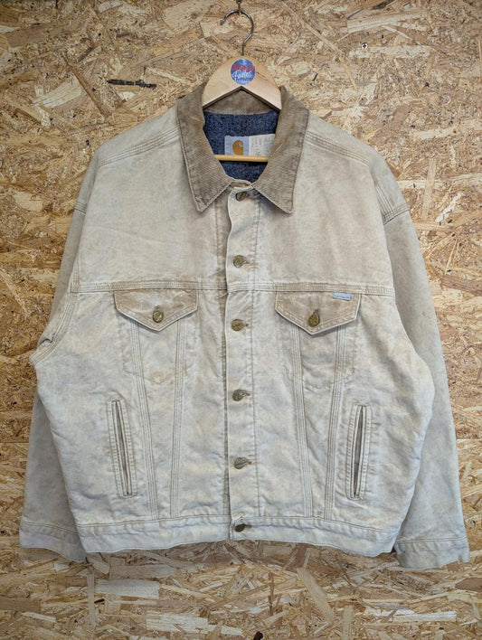 Carhartt ABJ006 Vintage Jacket Large Corduroy Collar Beige Canvas USA Detroit