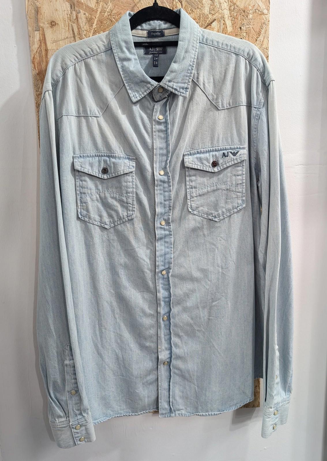 Armani Jeans Shirt Men XL Regular Cotton Button-Up Light Blue Denim Logo Vintage