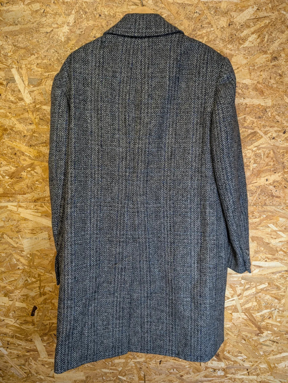 Vintage Tweed Overcoat Large Grey Blue Wool Herringbone Button Up Diamond 70s