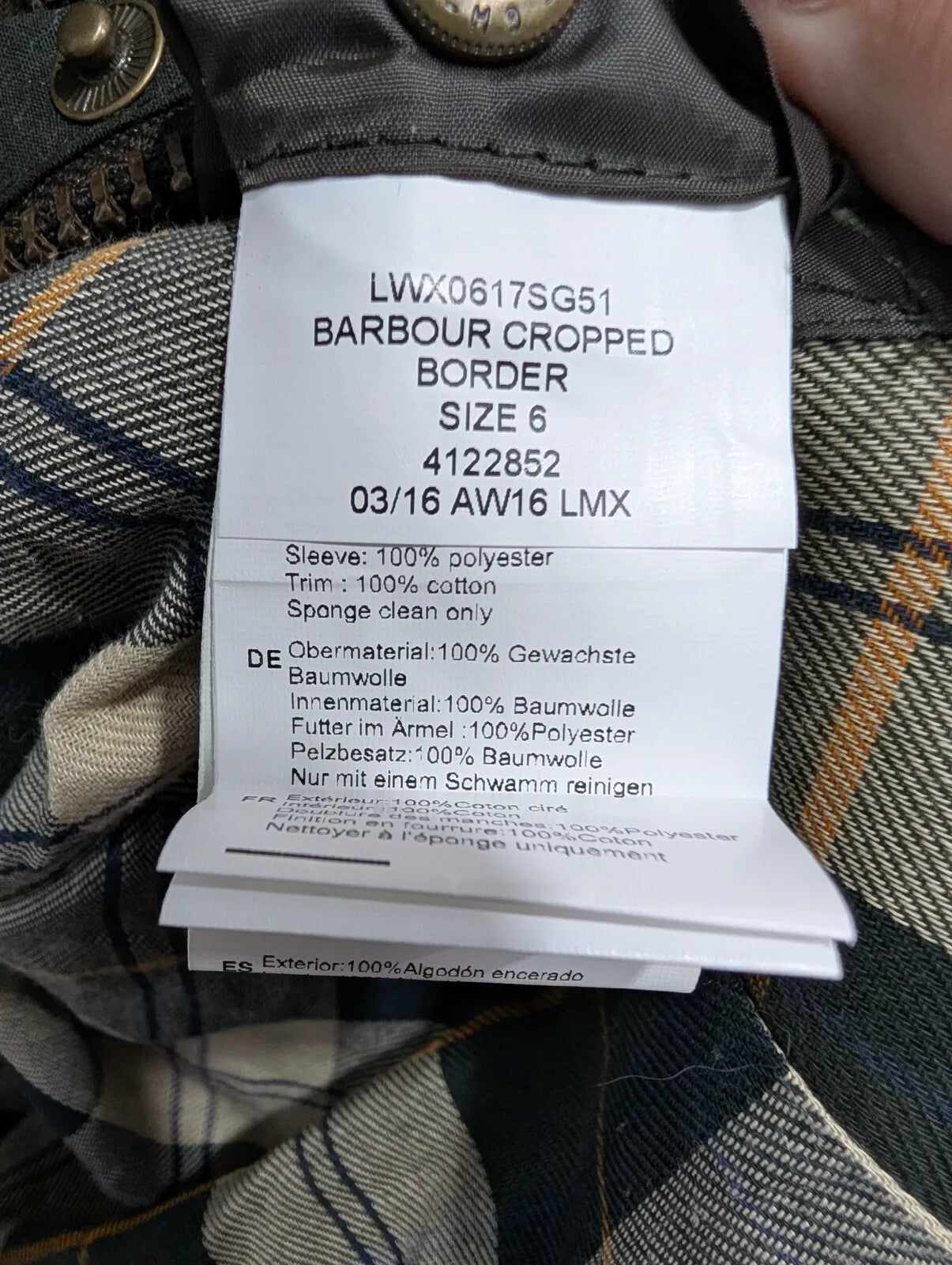 Barbour Cropped Border Jacket Womens UK6 Dark Green Waxed Cotton Corduroy Collar