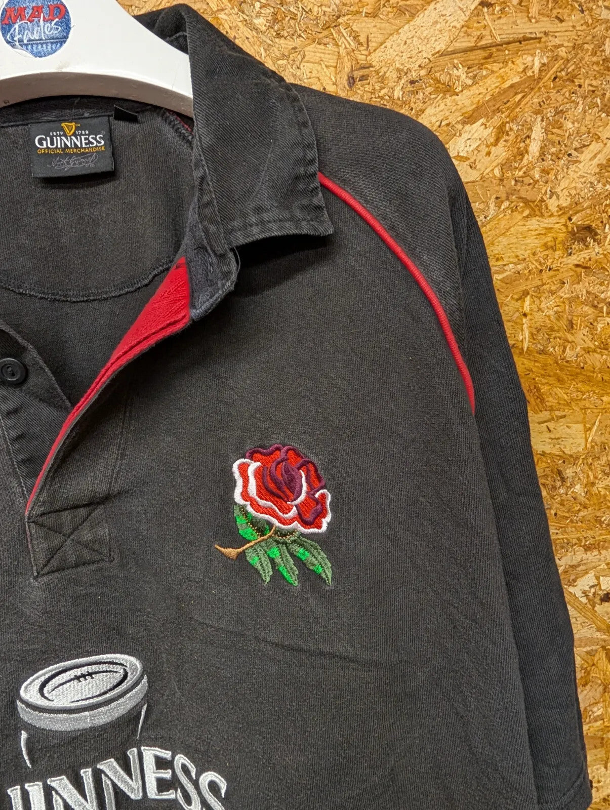 Vintage Guinness England Rugby Top Mens XL Black Cotton Embroidered Button 90s