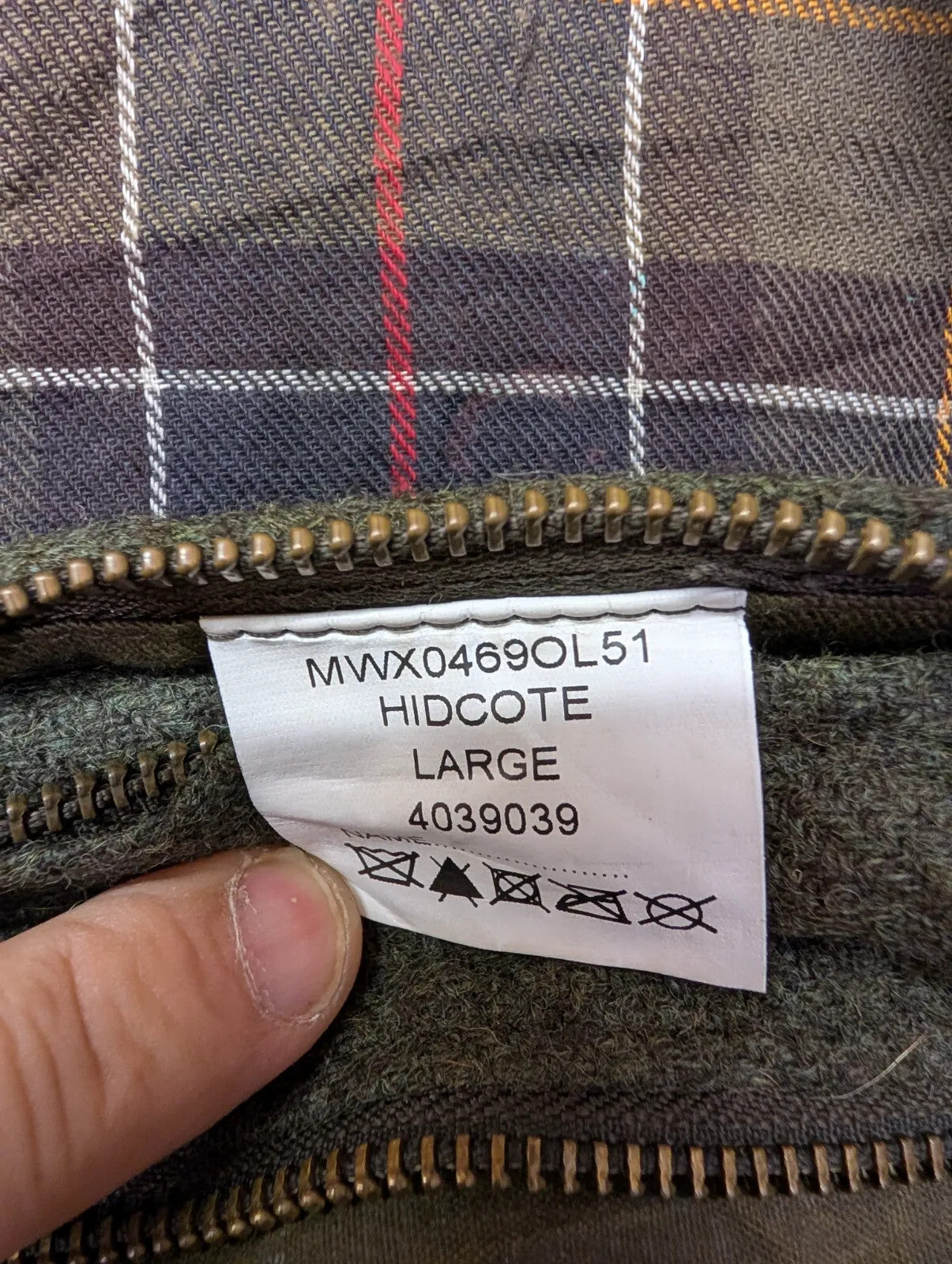 Barbour Hidcote Wax Jacket Mens Large Olive Green Cotton Tartan Tweed Wool