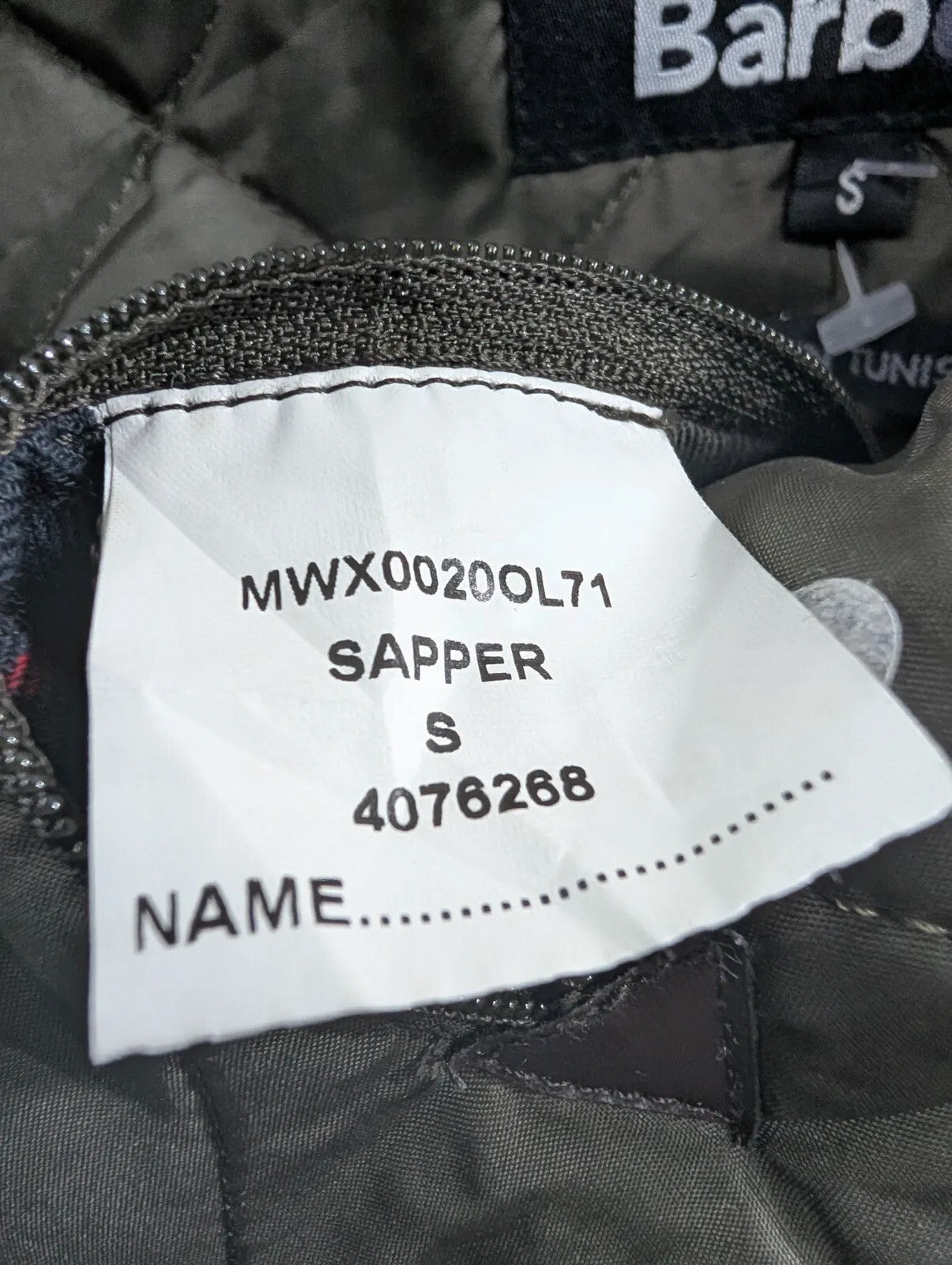 Barbour Sapper Utility Jacket Mens Small Olive Green Waxed Cotton Quilted Padded
