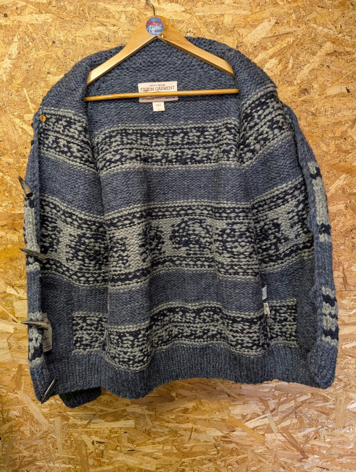 Filson Cowichan Cardigan Sweater Large Grey Wool Hand Knit Fair Isle Canada Ltd