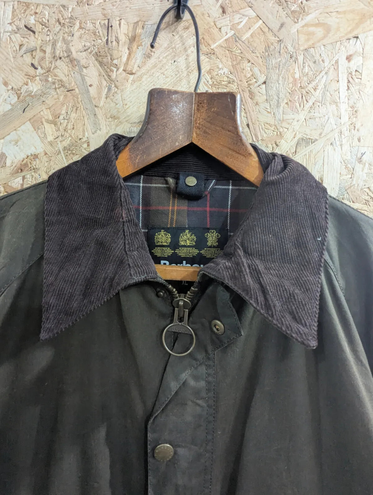 Barbour Ashby Wax Jacket Mens XL Green Cotton Tartan Lined Cord Collar England