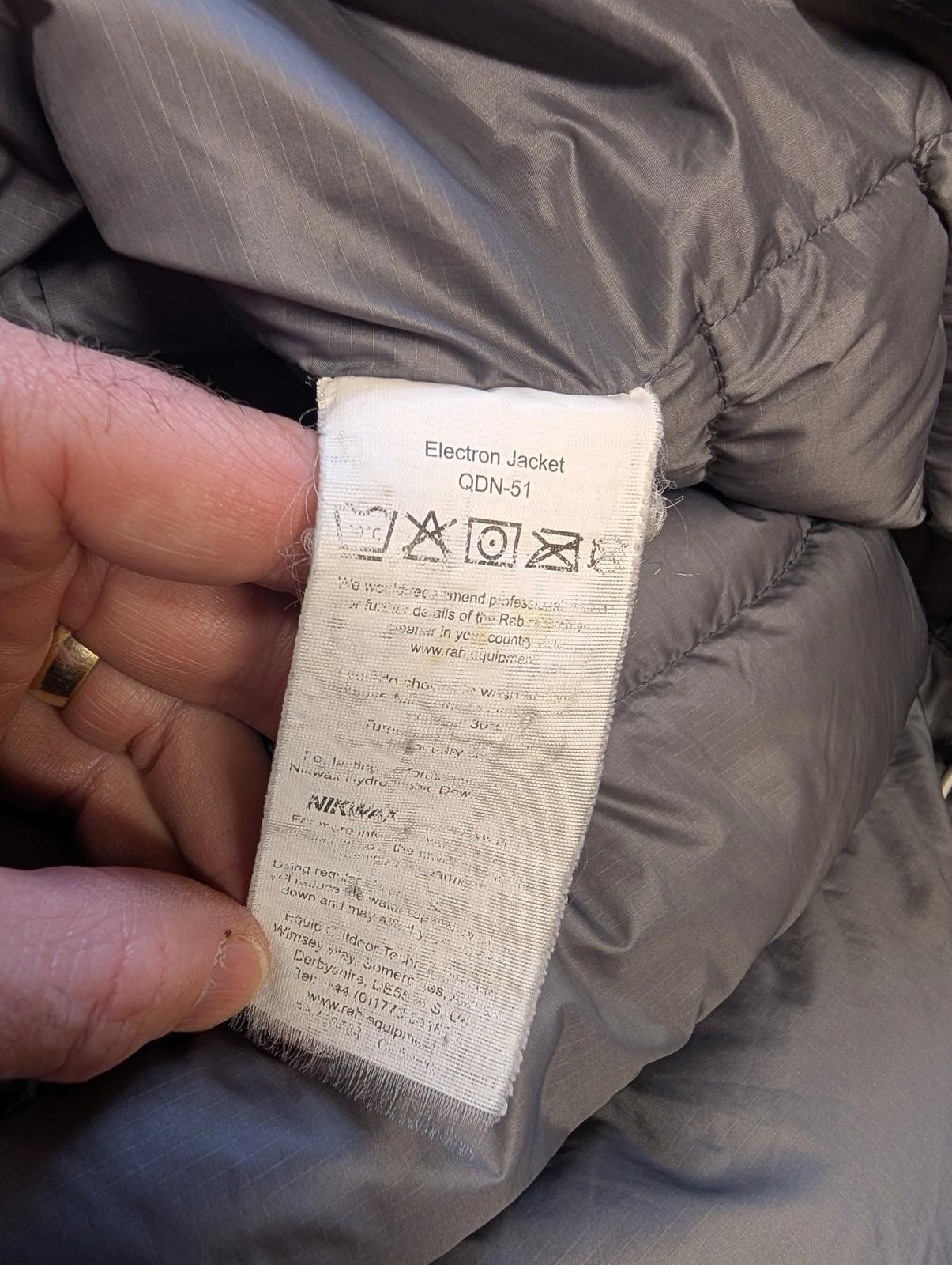 Rab Electron Jacket Small Men Insulated Down Hooded Grey Black Hiking Puffer